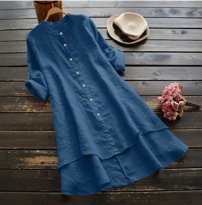 Sophia | Linen Shirt Dress Button-Down Layered Hem