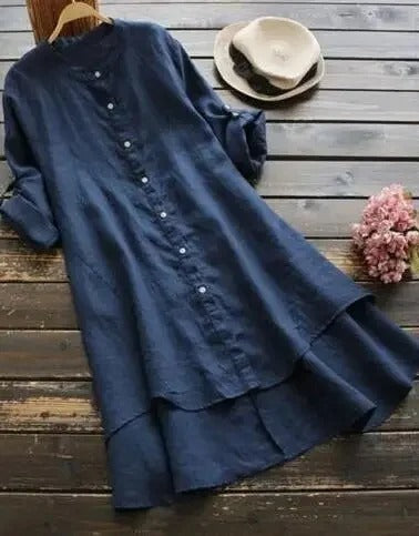 Sophia | Linen Shirt Dress Button-Down Layered Hem