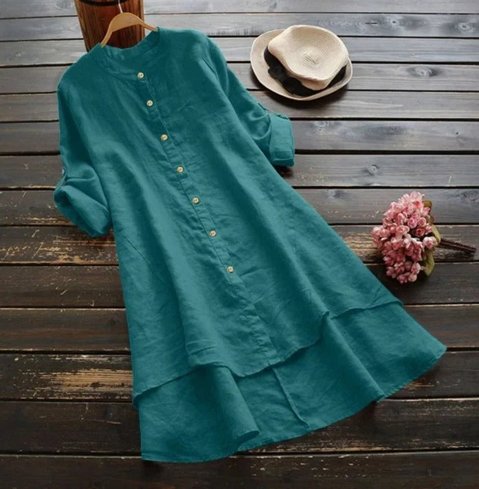 Sophia | Linen Shirt Dress Button-Down Layered Hem