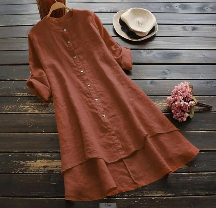 Sophia | Linen Shirt Dress Button-Down Layered Hem