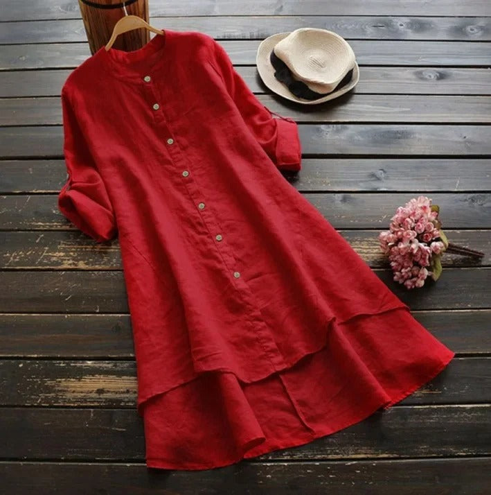 Sophia | Linen Shirt Dress Button-Down Layered Hem