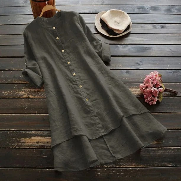 Sophia | Linen Shirt Dress Button-Down Layered Hem