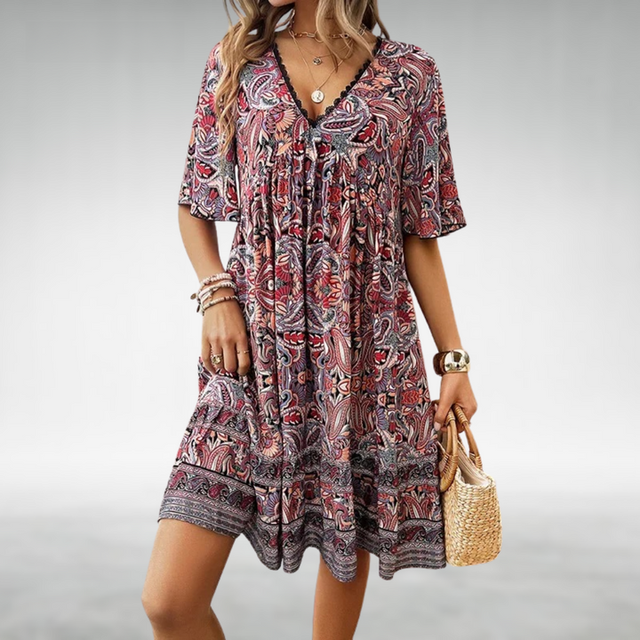 Mabel | Women's Boho Printed V Neck Mini Dress