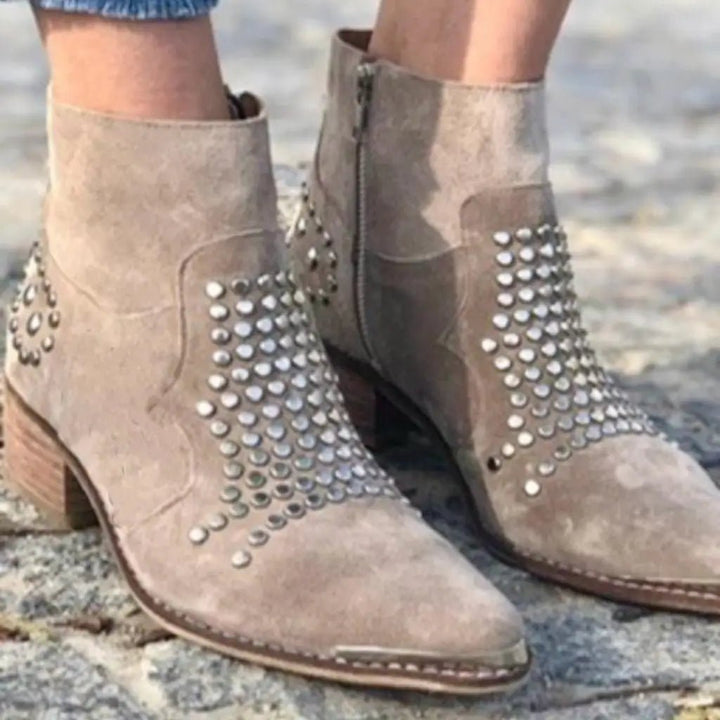 Ankle Boots Studded Pointed Toe Side Zip Chunky Heel