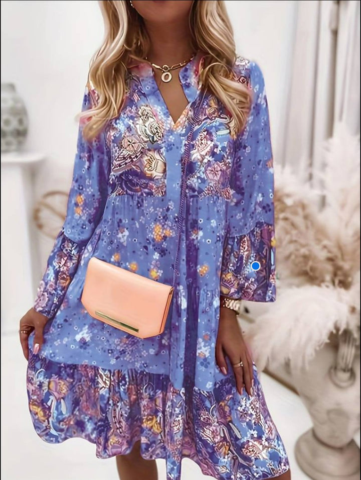 Boho Midi Dress Floral Print V-Neck Long Sleeve Tiered