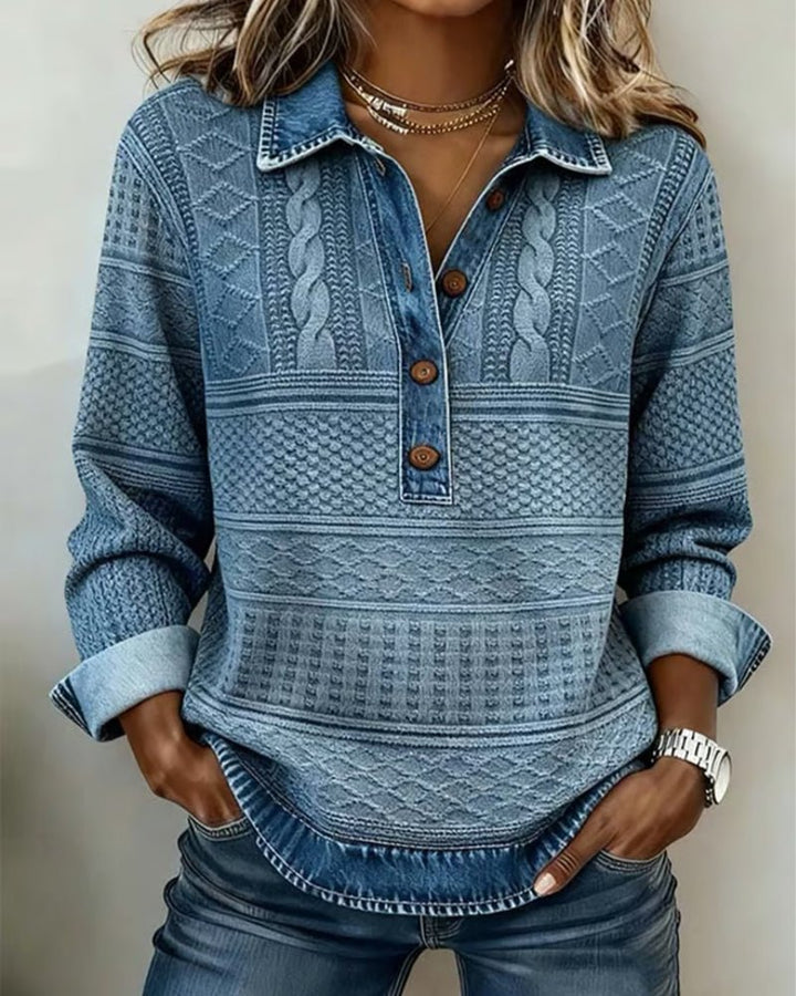 Cable Knit Sweater Half Button Collared Pullover - Blue