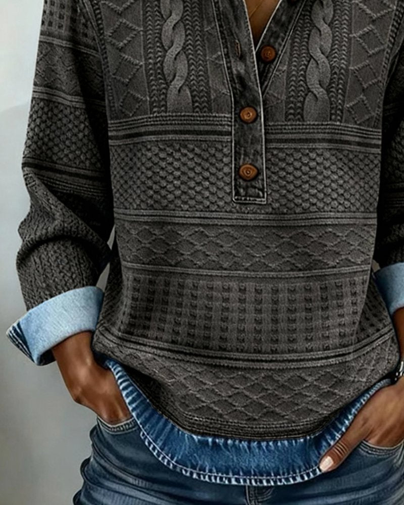 Cable Knit Sweater Half Button Collared Pullover