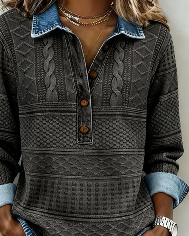 Cable Knit Sweater Half Button Collared Pullover