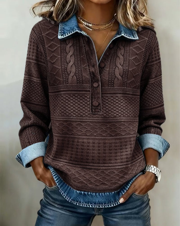Cable Knit Sweater Half Button Collared Pullover - Coffee