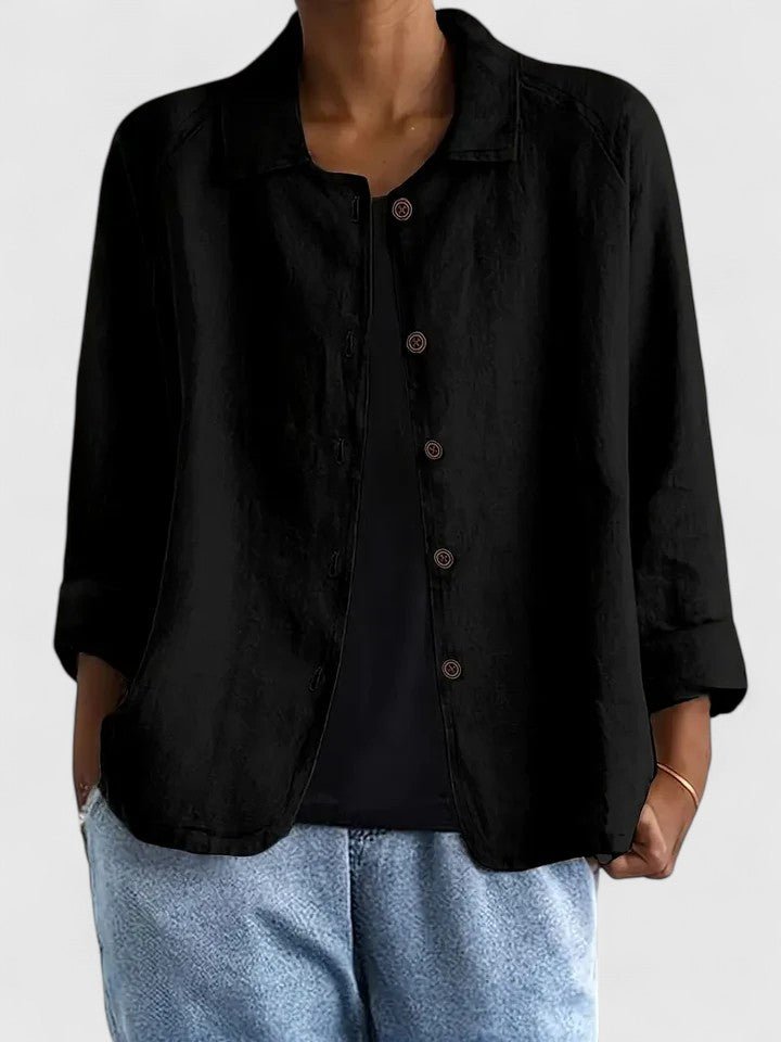 Cotton Button-Up Cardigan Relaxed Fit Long Sleeve - Black
