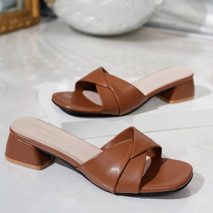 Cross-Strap Sandals Block Heel Slide Open Toe Square