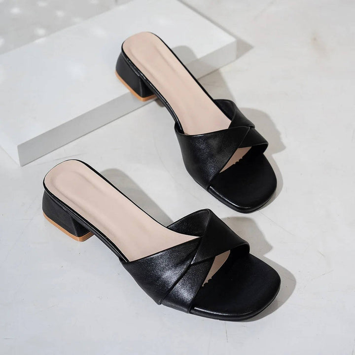 Cross-Strap Sandals Block Heel Slide Open Toe Square