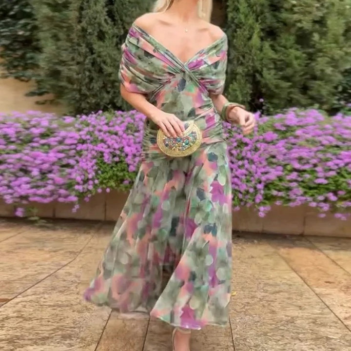 Madison | Chiffon Off-Shoulder Midi Dress Ruched Twist Front