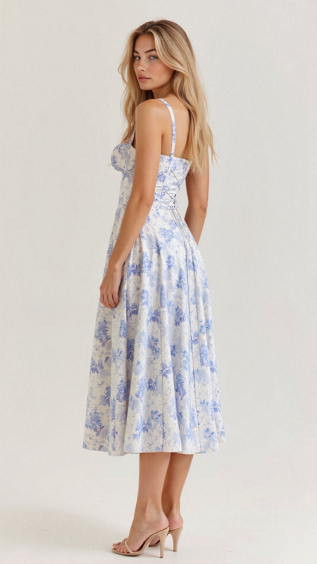 Floral Corset Midi Dress Sweetheart Neckline