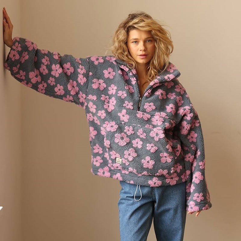 Floral Teddy Fleece Half Zip Jacket Oversized