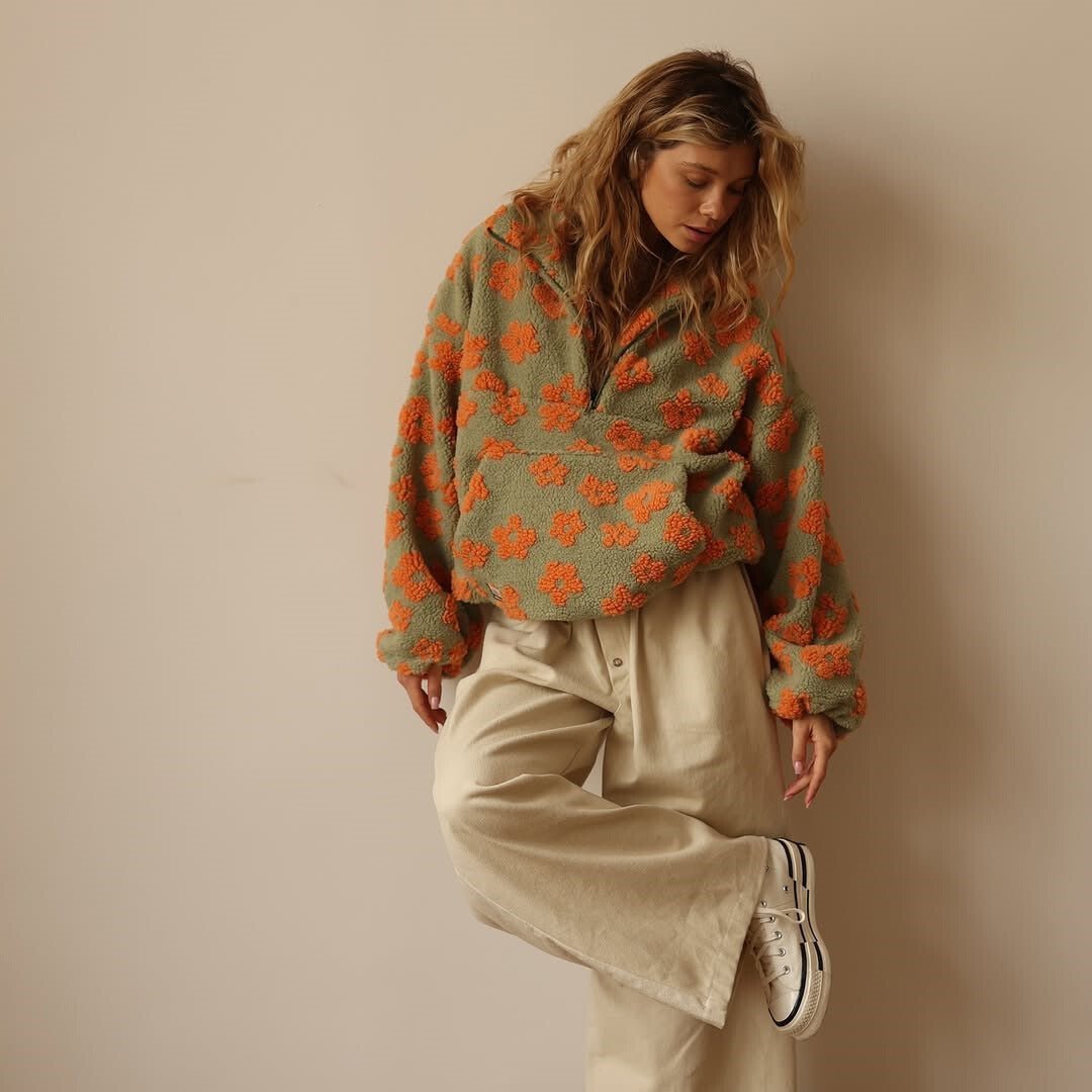 Floral Teddy Fleece Half Zip Jacket Oversized