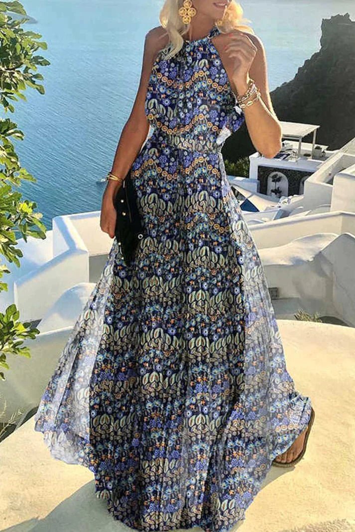 Halter Neck Maxi Dress Polka Dot Pleated Backless Boho - Blue
