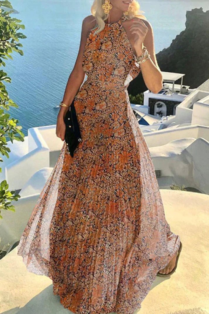 Halter Neck Maxi Dress Polka Dot Pleated Backless Boho - Orange