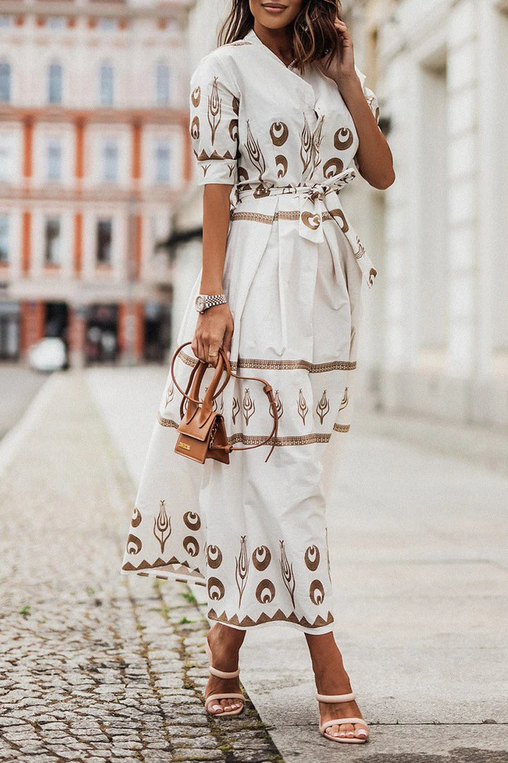 Sarah | Women's Boho Printed Belted Long Sleeve Midi Dress