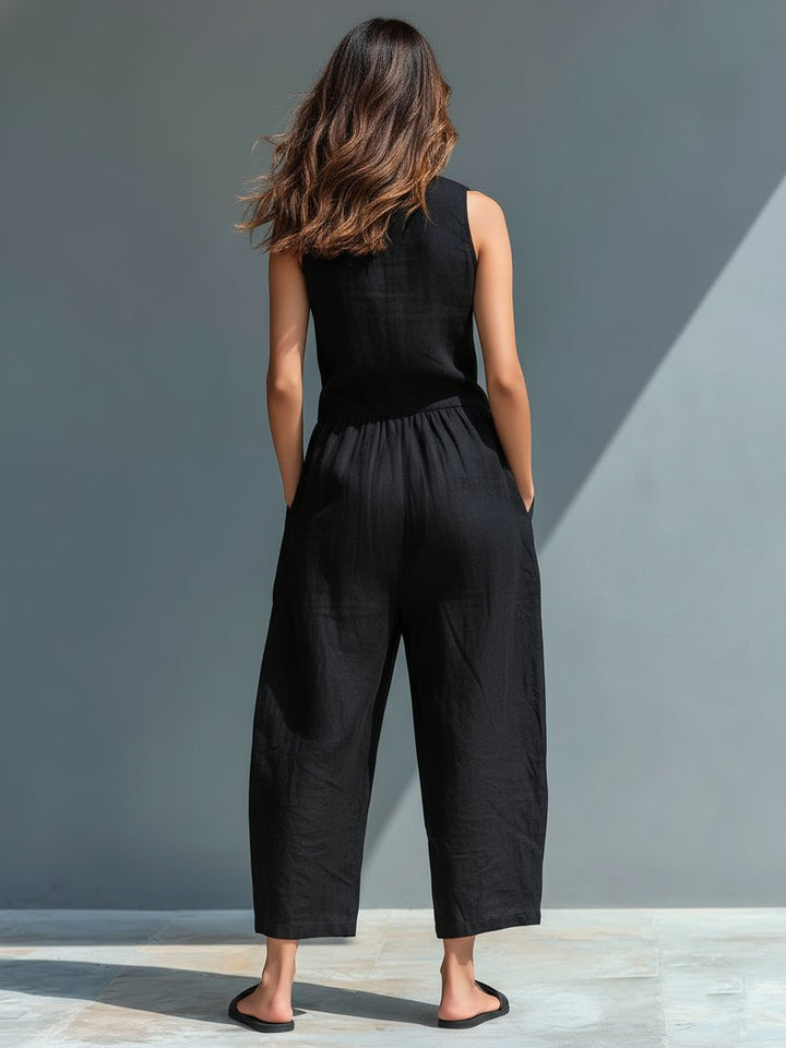 Jumpsuit Linen Blend Stand Collar Button-Up Sleeveless