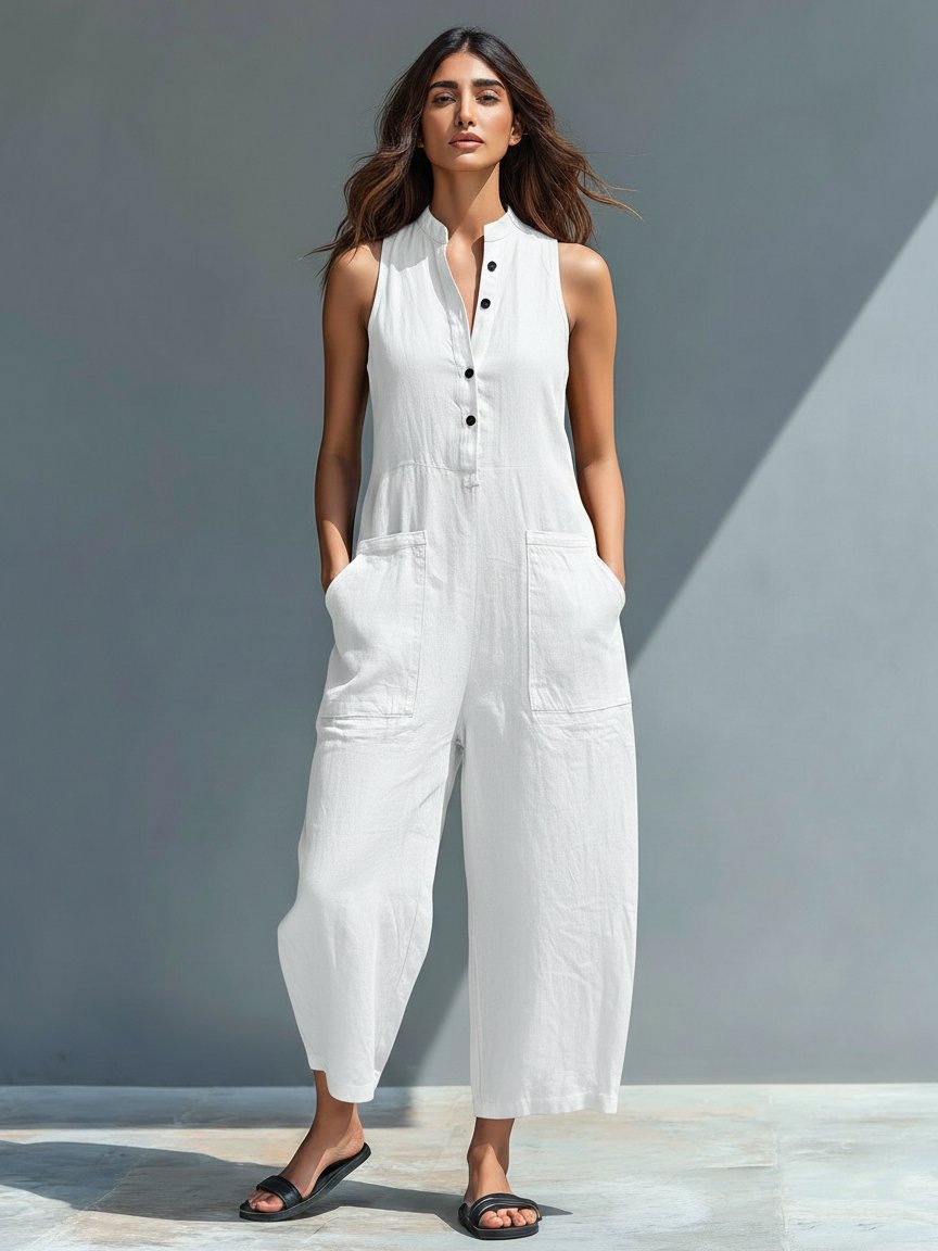 Jumpsuit Linen Blend Stand Collar Button-Up Sleeveless - White
