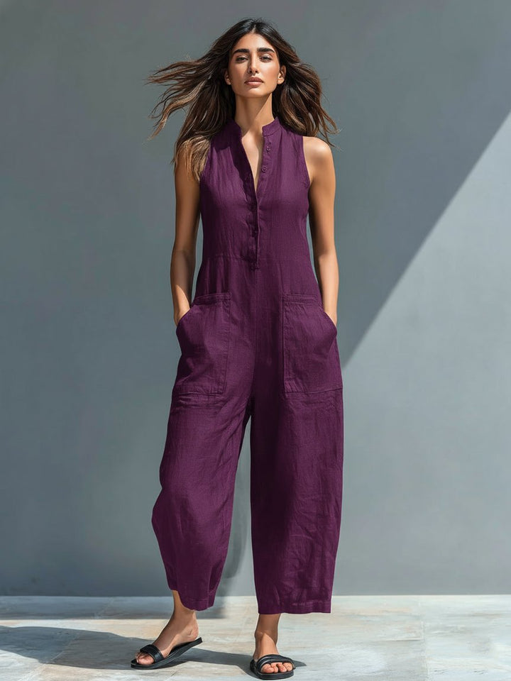 Jumpsuit Linen Blend Stand Collar Button-Up Sleeveless - Purple