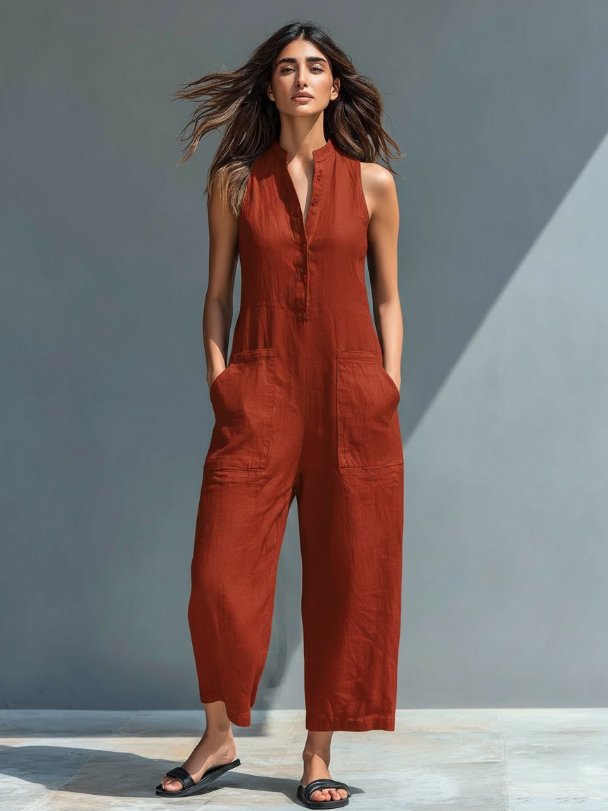Jumpsuit Linen Blend Stand Collar Button-Up Sleeveless - Rust Red