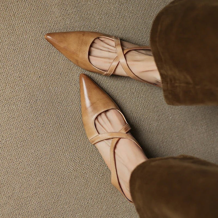 Leather Mules Cross-Strap Pointed Toe Low Heel Slip-On