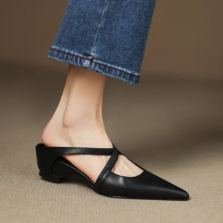 Leather Mules Cross-Strap Pointed Toe Low Heel Slip-On