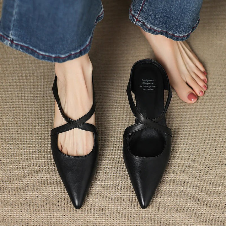 Leather Mules Cross-Strap Pointed Toe Low Heel Slip-On