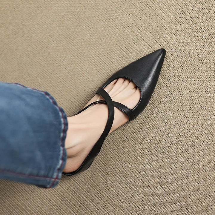 Leather Mules Cross-Strap Pointed Toe Low Heel Slip-On