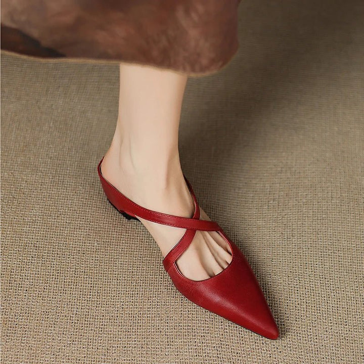 Leather Mules Cross-Strap Pointed Toe Low Heel Slip-On