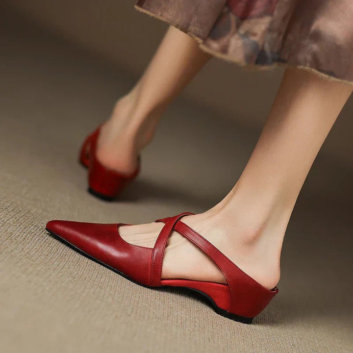 Leather Mules Cross-Strap Pointed Toe Low Heel Slip-On