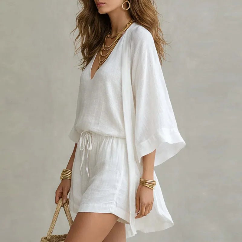 Linen 3 Piece Set V-Neck Top Drawstring Shorts Kimono