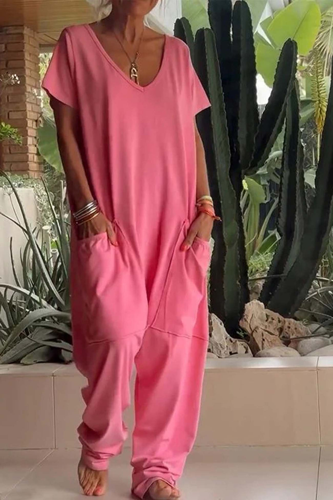 Linen Blend Jumpsuit V-Neck Short Sleeve Wide Leg Pockets - Coral Pink