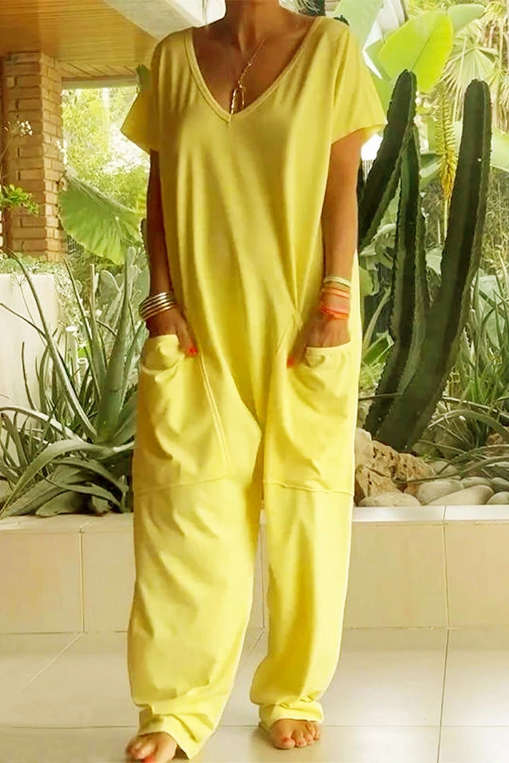 Linen Blend Jumpsuit V-Neck Short Sleeve Wide Leg Pockets - Sunflower Yellow