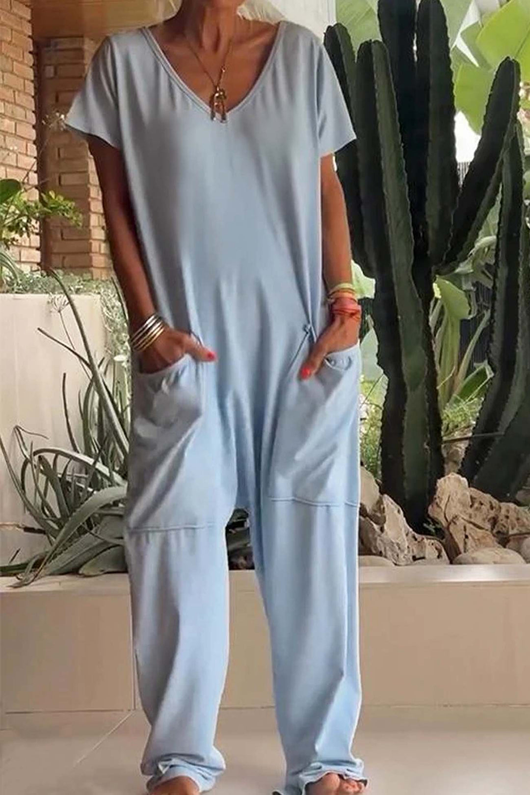 Linen Blend Jumpsuit V-Neck Short Sleeve Wide Leg Pockets - Sky Blue