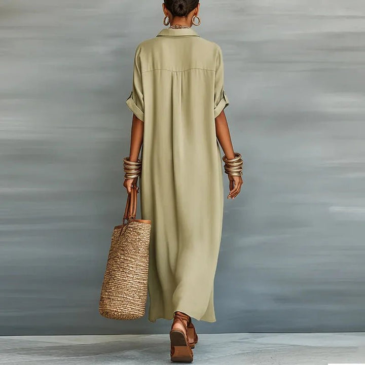 Linen Maxi Shirt Dress Button Down Short Sleeve Relaxed