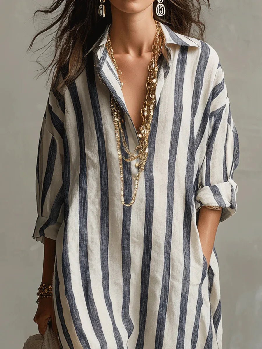 Linen Shirt Dress V-Neck Striped Maxi Long Sleeve Loose Fit