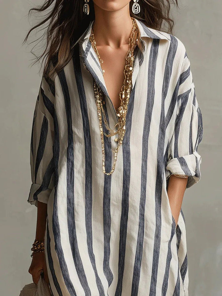 Linen Shirt Dress V-Neck Striped Maxi Long Sleeve Loose Fit