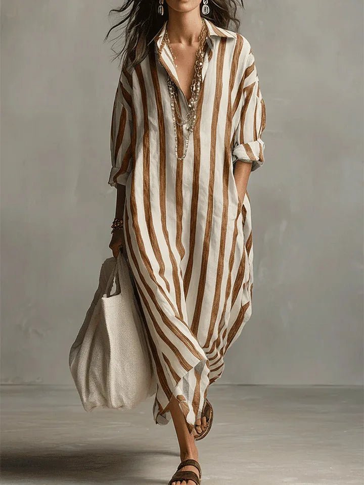 Linen Shirt Dress V-Neck Striped Maxi Long Sleeve Loose Fit - Earthy Yellow