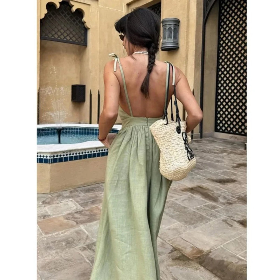 Linen Sleeveless Maxi Dress A-Line Open Back Adjustable Tie