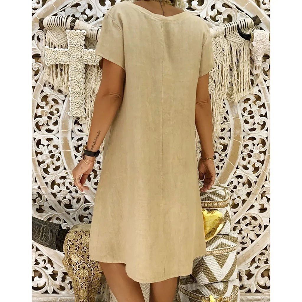 Linen V-Neck A-Line Mini Dress Short Sleeve Summer