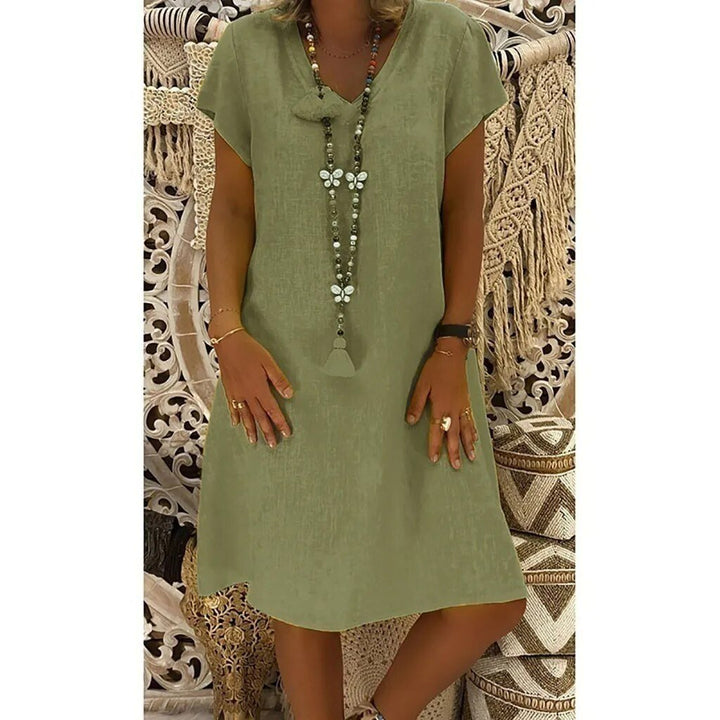 Linen V-Neck A-Line Mini Dress Short Sleeve Summer - Grün