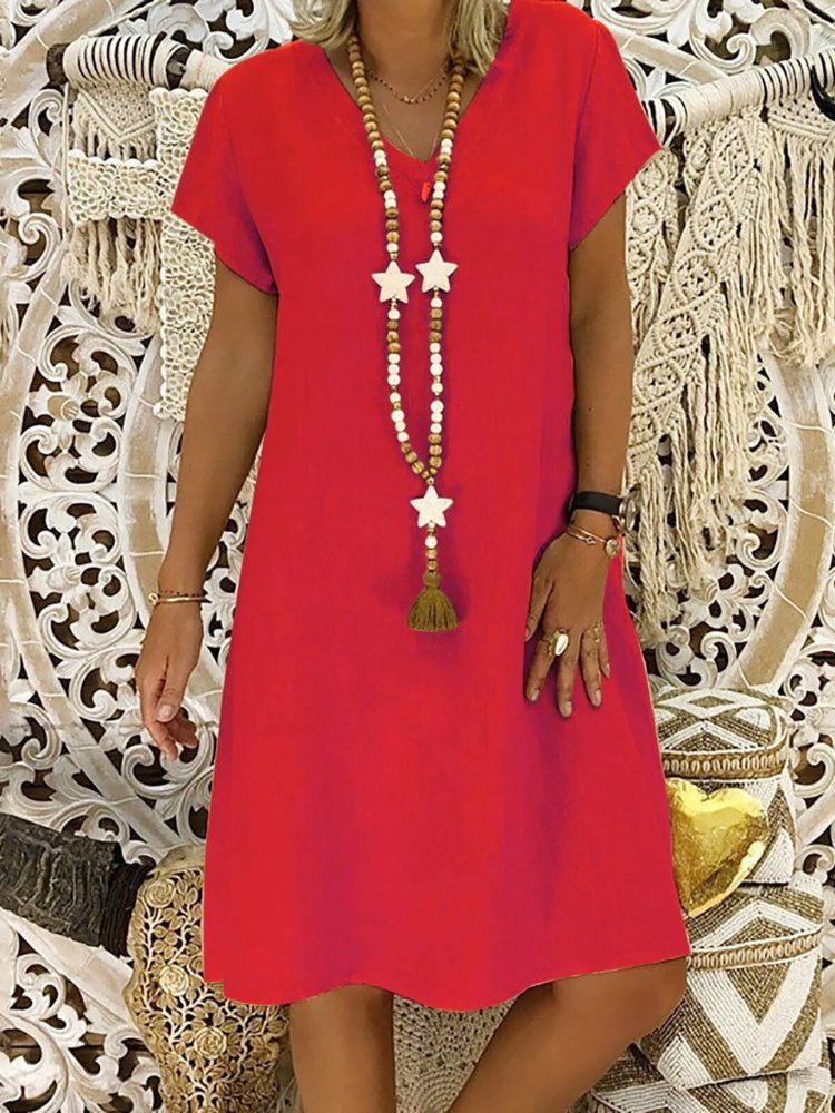 Linen V-Neck A-Line Mini Dress Short Sleeve Summer - Rot