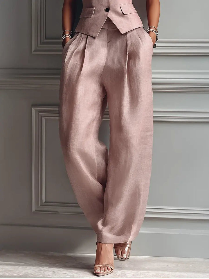 Linen Vest Wide Leg Pants Set Sleeveless Lapel
