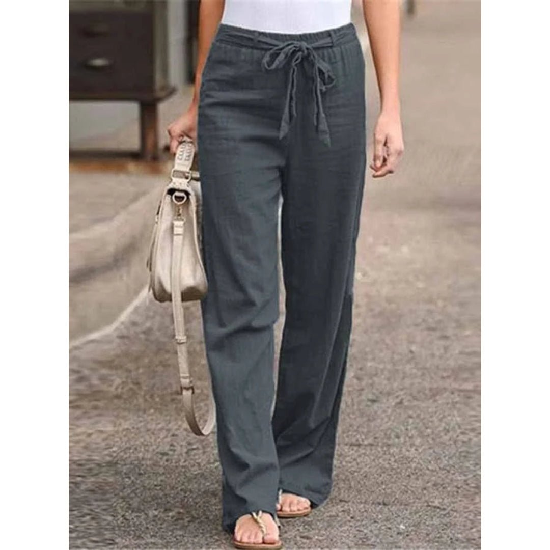 Linen Wide Leg Palazzo Pants Drawstring Waist Casual - Gray