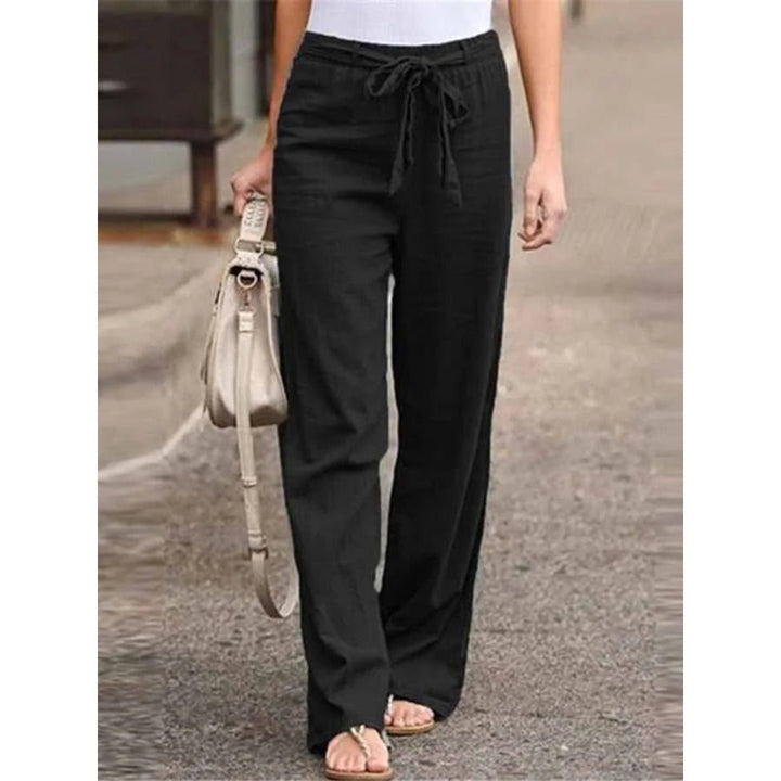 Linen Wide Leg Palazzo Pants Drawstring Waist Casual - Black