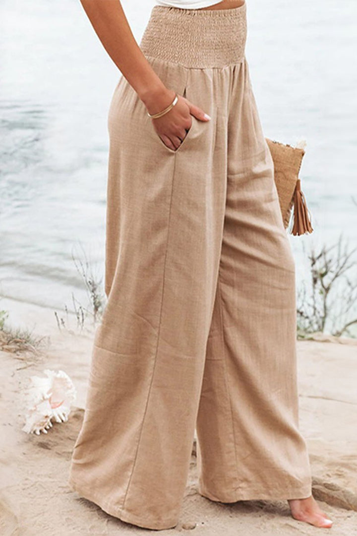 Linen Wide Leg Pants High Waisted Smocked Waist Flowing