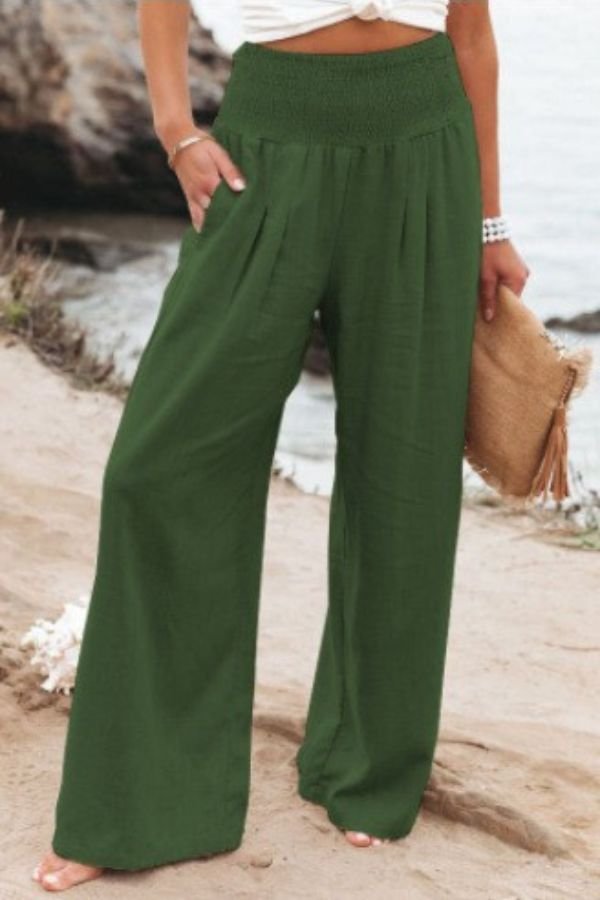Linen Wide Leg Pants High Waisted Smocked Waist Flowing - Army Green